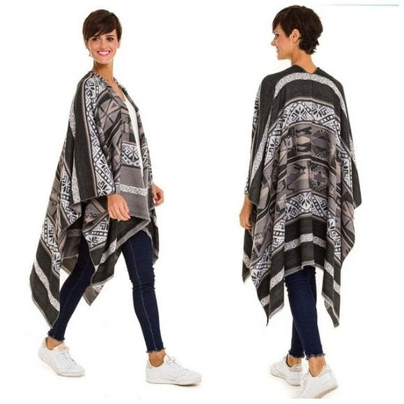 Marc New York Poncho One Size Gray Southwestern Aztec Warm Cozy Western Outdoor - Picture 13 of 15